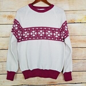Vtg Mary Knits Sweater Sz S M 80s Heart Strip Design Retro Off White & Mauve 90s